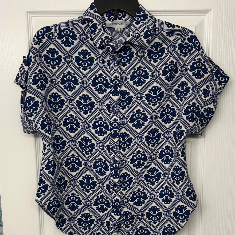 Navy and White Patterned Button Down Shirt